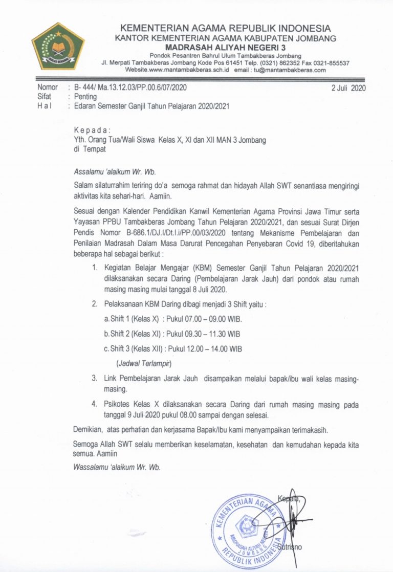 EDARAN SEMESTER GANJIL TAHUN PELAJARAN 2020/2021 – MAN 3 JOMBANG